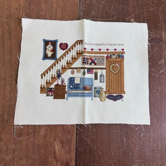 Vintage HOME HEART HAPPINESS Living Room Scene COMPLETED Cross‎ stitch - Picture 1 of 7